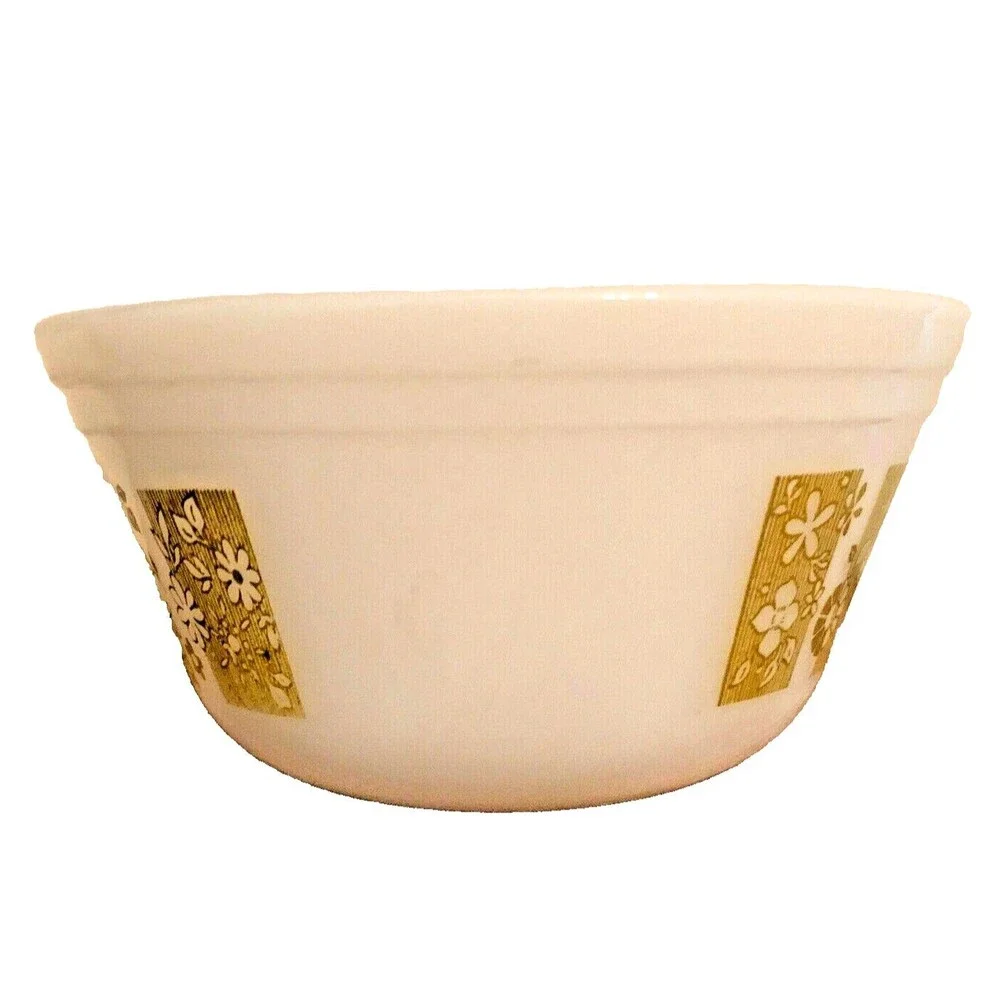 Federal Glass Mixing Bowl VTG 70s Avocado Green Tropical Floral 6